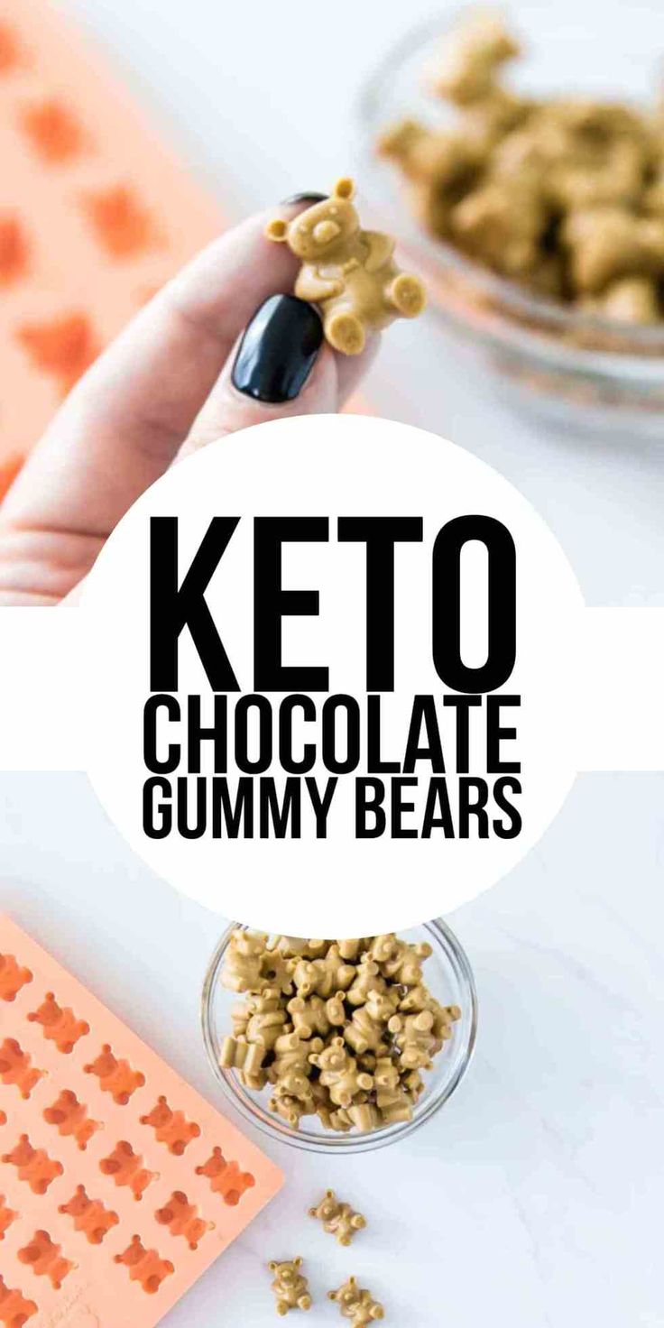 a person scooping some chocolate into a bowl with gummy bears in it and the text keto chocolate gummy bears