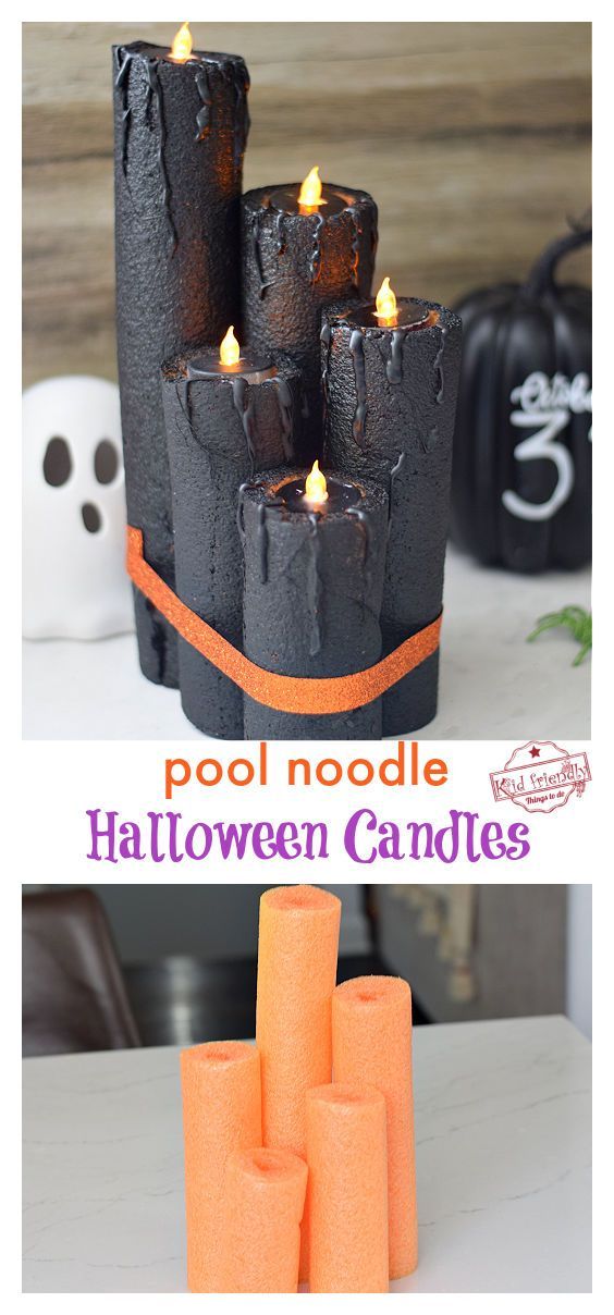 halloween candles made out of toilet paper and some fake pumpkins on the side with text overlay that says pool noodle halloween candles