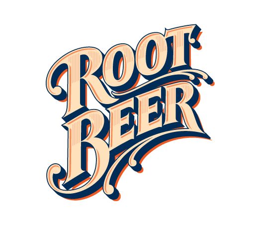 the root beer logo is shown in blue and orange letters, with an old - fashioned font