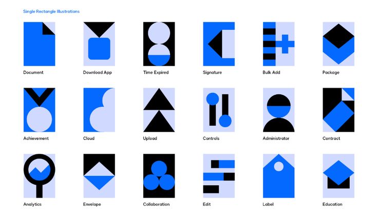 blue and black geometric shapes are arranged on a white background