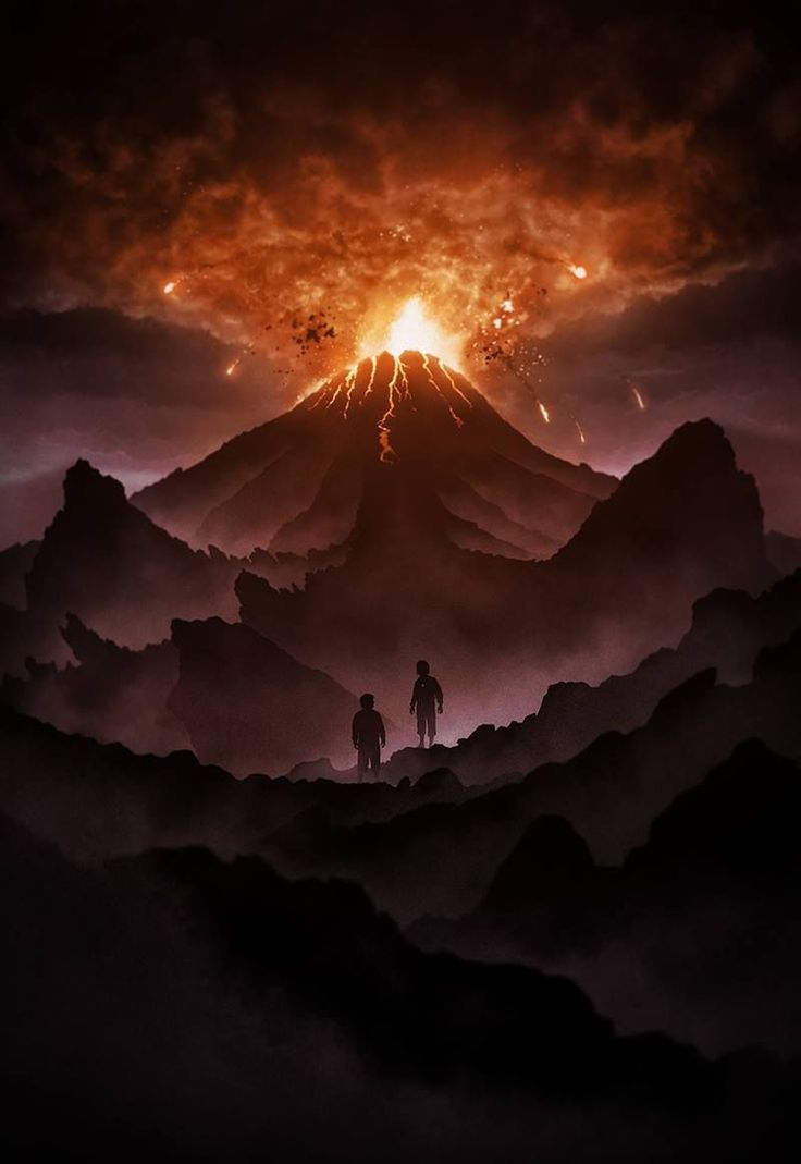 two people standing on top of a mountain in front of a large volcano with lava spewing from it