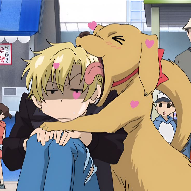 an anime character is hugging a dog in front of other people and one has his head on the back of another person's shoulder