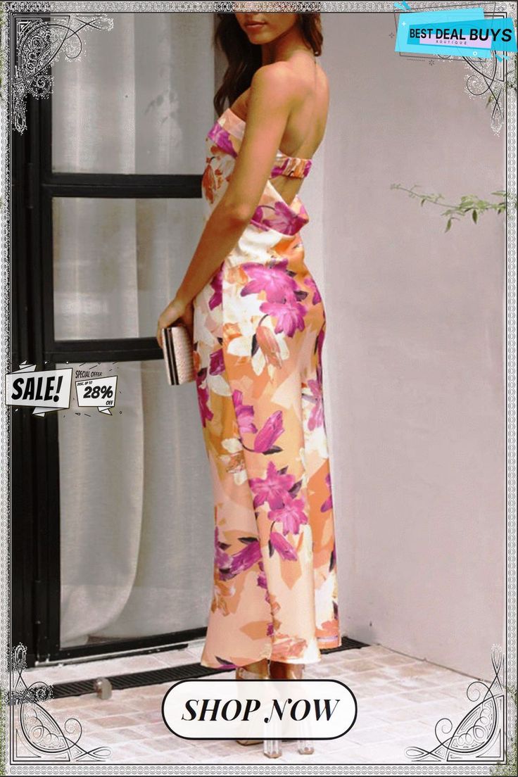 Floral Strapless Backless Midi Dress Feminine Summer Maxi Dress For Night Out, Chic Pink Strapless Maxi Dress, Chic Strapless Floor-length Dress For Spring, Chic Floor-length Strapless Dress For Spring, Summer Party Strapless Maxi Dress, Glamorous Halter Neck Maxi Dress For Spring, Glamorous Halter Neck Vacation Dress, Spring Party Strapless Maxi Dress, Elegant Floral Print Strapless Summer Dress