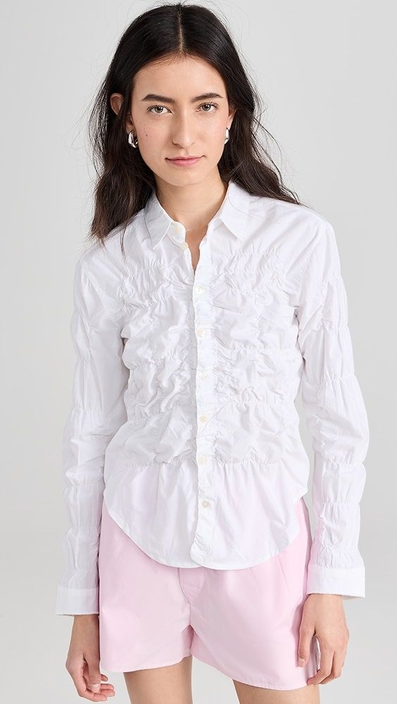 Gimaguas Lupa Shirt | Shopbop Cotton Button-up Blouse With Smocked Cuffs, Cotton Button-up Top With Smocked Cuffs, Long Sleeve Ruffled Shirt With Relaxed Fit, Relaxed Fit Long Sleeve Shirt With Ruffles, Spring Cotton Ruched Blouse, Spring Ruched Cotton Blouse, India Fashion, White Brand, Summer Trends