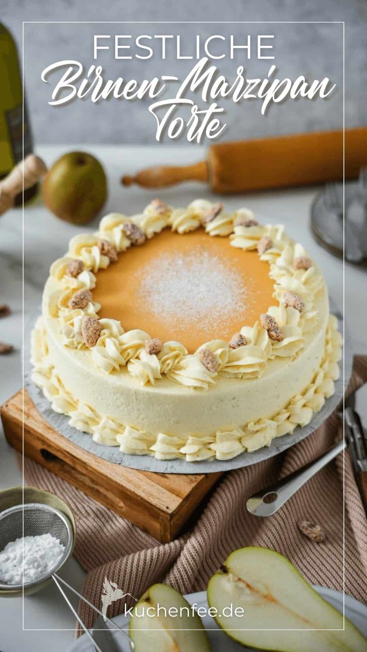 a cake sitting on top of a wooden cutting board next to an apple and knife