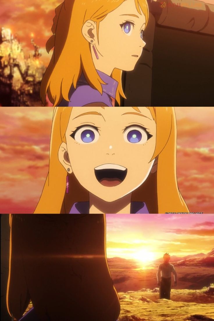 two anime characters looking at each other with the sun in the background and sunset behind them