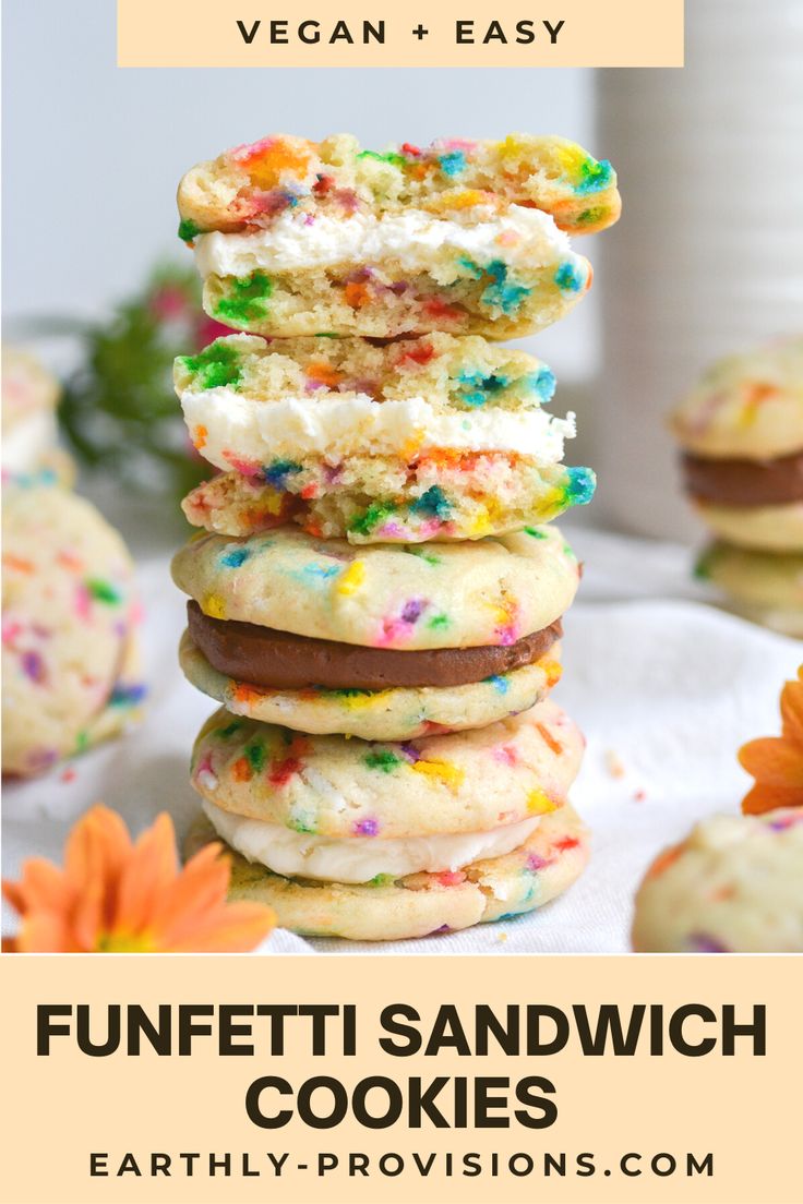 a stack of cookies with sprinkles and frosting next to an orange flower