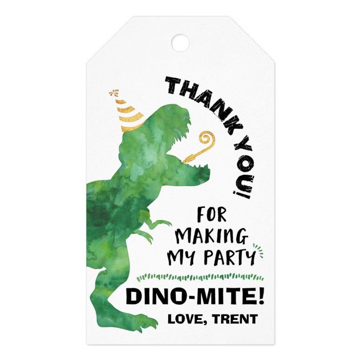 a green dinosaur birthday gift tag with the words thank you for making my party dino - mite love henry