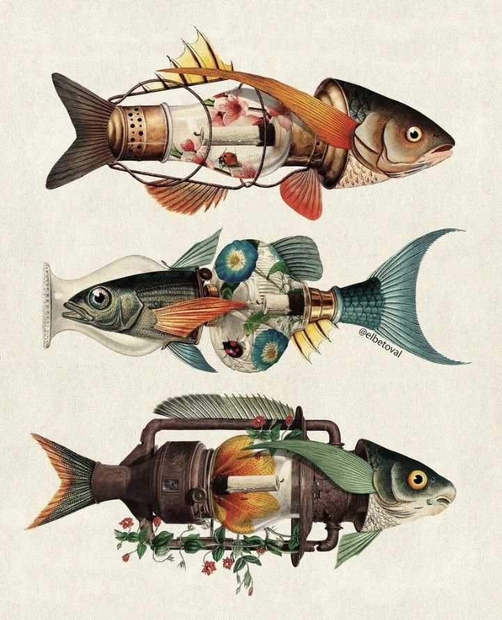 three different types of fish with flowers on them and one is holding a fishing rod