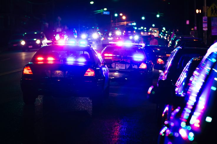 several police cars are parked on the street at night