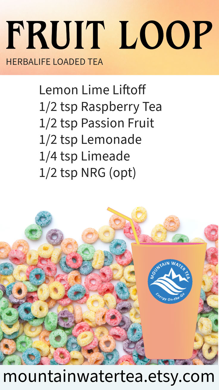 Fruit Loop Herbalife loaded tea recipe. Have a delicious, guilt-free Fruit Loop drink today with Lemon Lime Liftoff, Passion Fruit, Lemonade, and Limeade flavors. Herbalife Loaded Tea Recipes Diy, Loaded Tea Recipes Herbalife, Herbalife Loaded Tea, Herbalife Inspiration, Passion Fruit Lemonade, Refresher Drinks, Swig Drinks, Loaded Tea Recipes, Fruit Lemonade