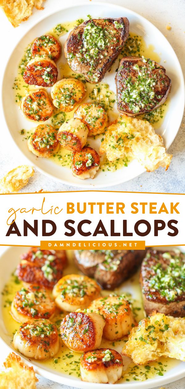 Looking for romantic date night ideas at home? This Valentine's Day dinner recipe has got you covered! It's ready in just 30 minutes. Cooked in the best garlic butter sauce, this steak and scallops is perfection! Steak And Scallops, Best Garlic Butter, Garlic Scallops, Night Dinner Recipes, Butter Steak, Date Night Recipes, Garlic Butter Steak, Steak Butter, Gourmet Dinner