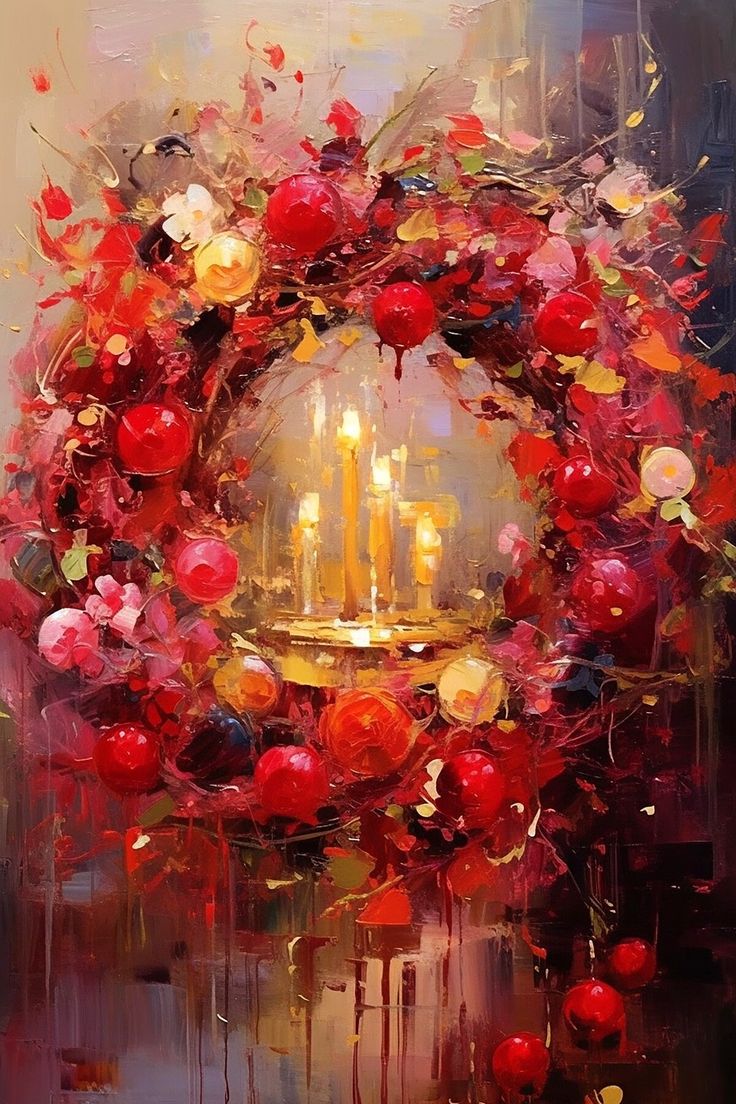 a painting of a candle surrounded by red flowers