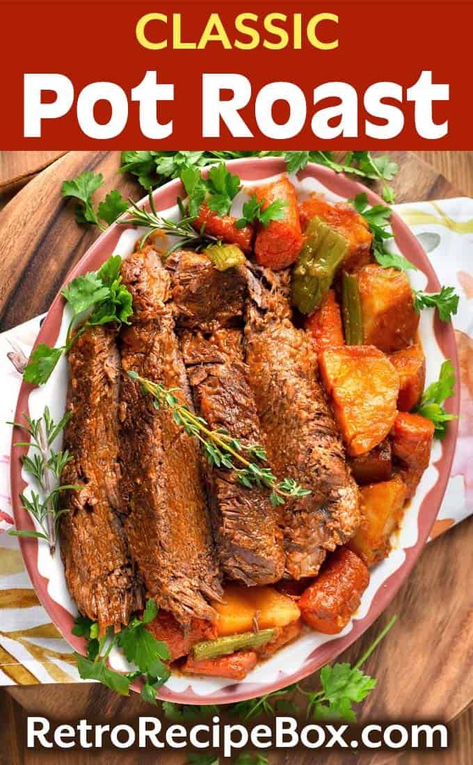 the classic pot roast recipe is shown on a plate with potatoes and carrots in it