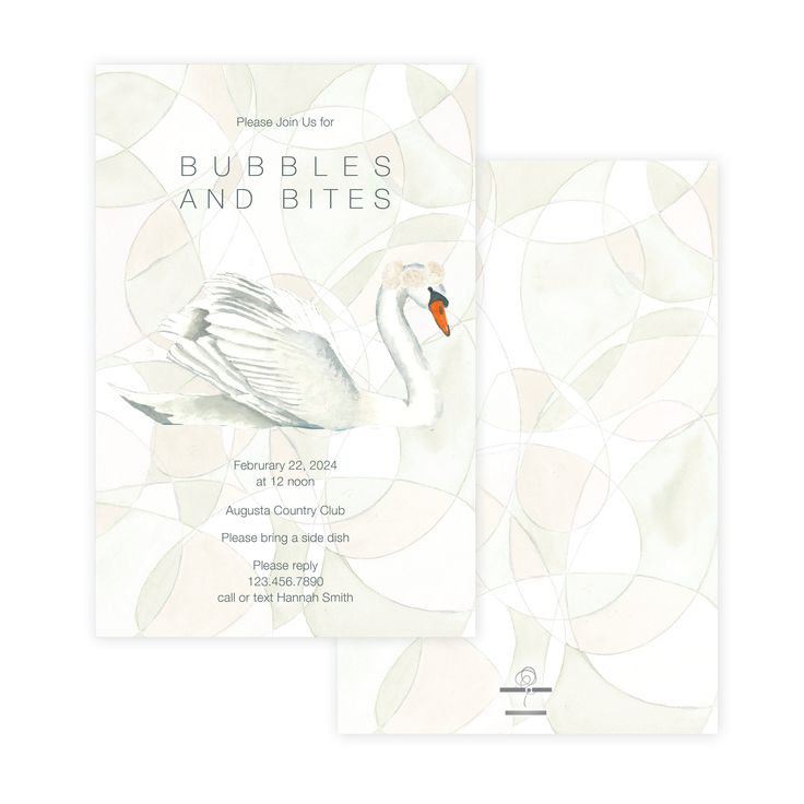 The Swans Invitation featuring delicate swan artwork on the front with text and abstract pink and green designs in the background, perfect for elegant events. Personalization available, includes A9 straight edge envelope. Swan Wedding, Eggshell White, Garden Parties, Bridal Shower Party, Envelope Liners, Swans, Return Address, Bridal Showers, Shower Party