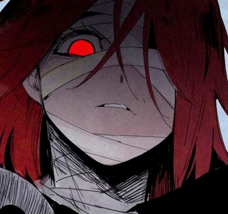 an anime character with red eyes and long hair, looking at the viewer from behind