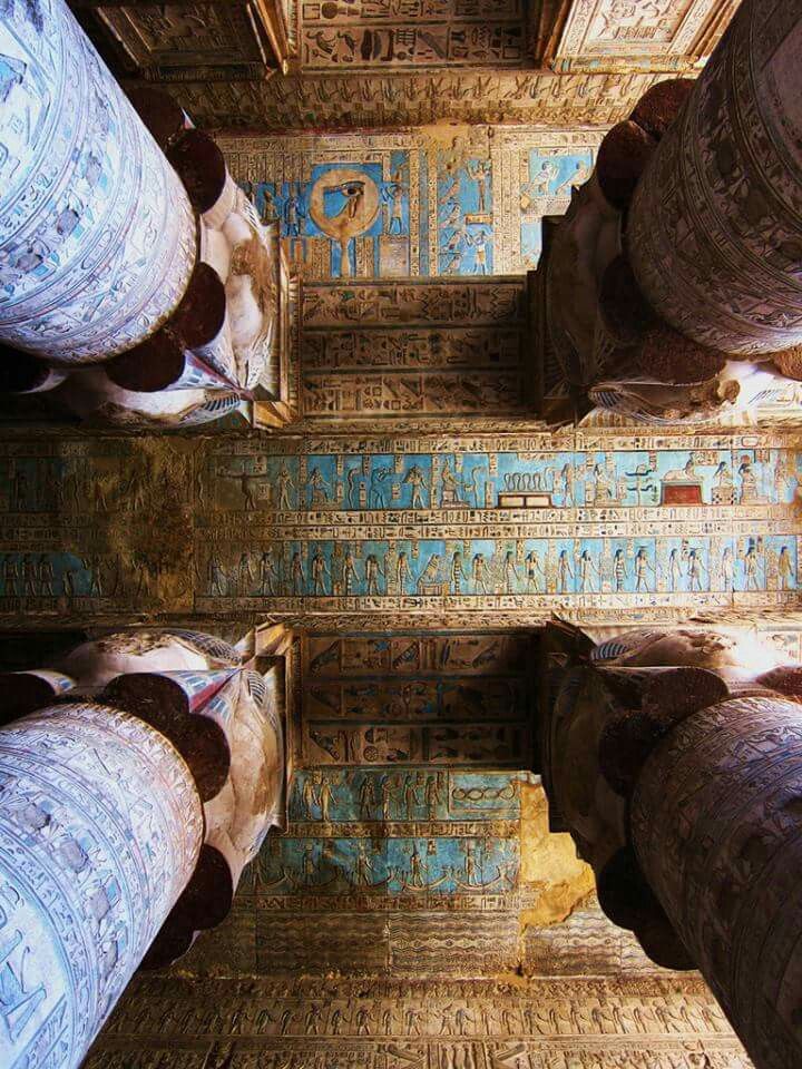 looking up at the ceiling in an egyptian temple