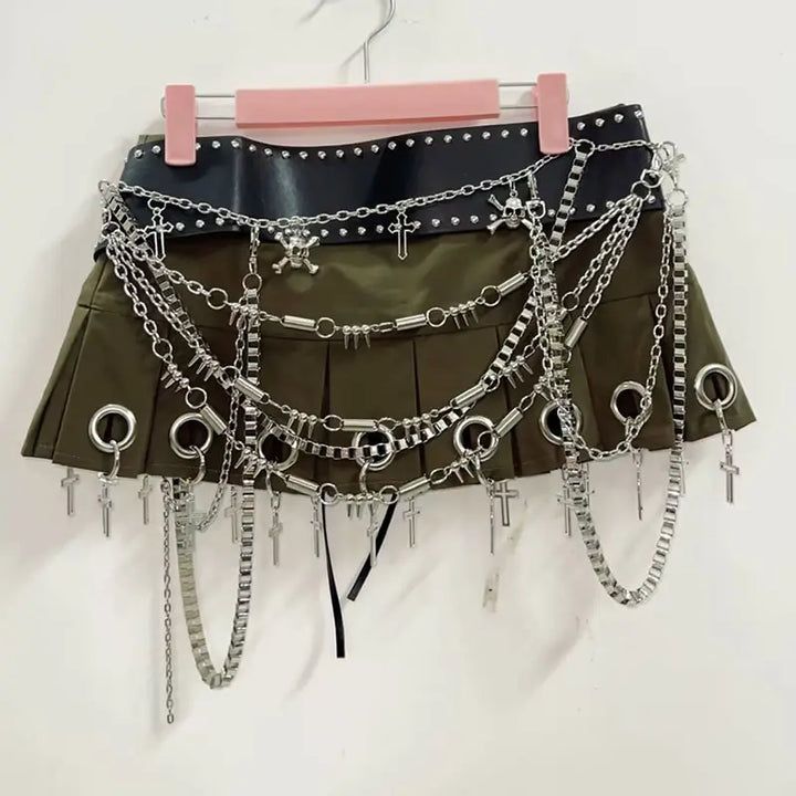 Punk Mini Skirt For Cosplay, Punk Denim Skirt For Streetwear, Edgy Waist Chain For Festivals, Punk Mini Skirt For Club, Punk Style Mini Skirt For Club, Gothic Chain Belt For Party, Punk Mini Skirt For Halloween Clubbing, Punk Halloween Club Mini Skirt, Punk Style Mini Skirt For Halloween Club Events