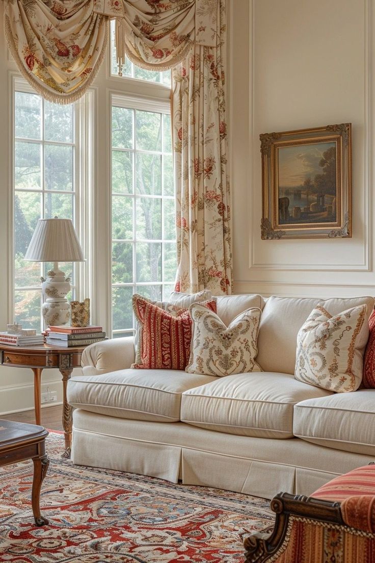 a living room filled with lots of furniture next to a window covered in drapes