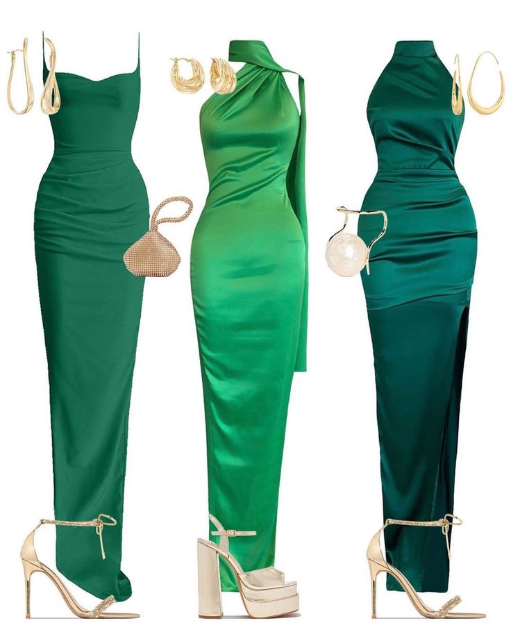 Dress Gowns Elegant, Smart Casual Outfit Women Party, Emerald Green Gowns, Green Dress For Wedding, Green And Gold Outfit, Green Dress Wedding Guest, Elegant Green Dress, Evening Dress Outfit, Black Gold Dress