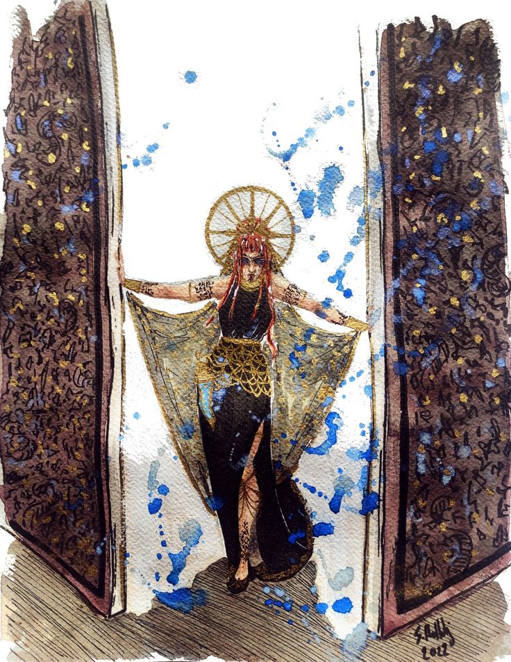 a drawing of a woman in an open doorway with her arms outstretched and holding a fan over her head