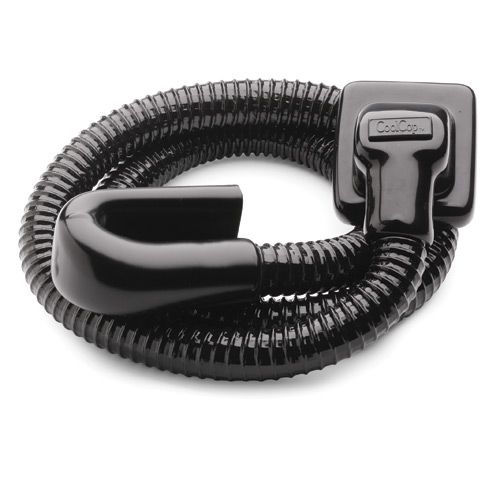 a black hose connected to a white wall with the words new on it and an image of