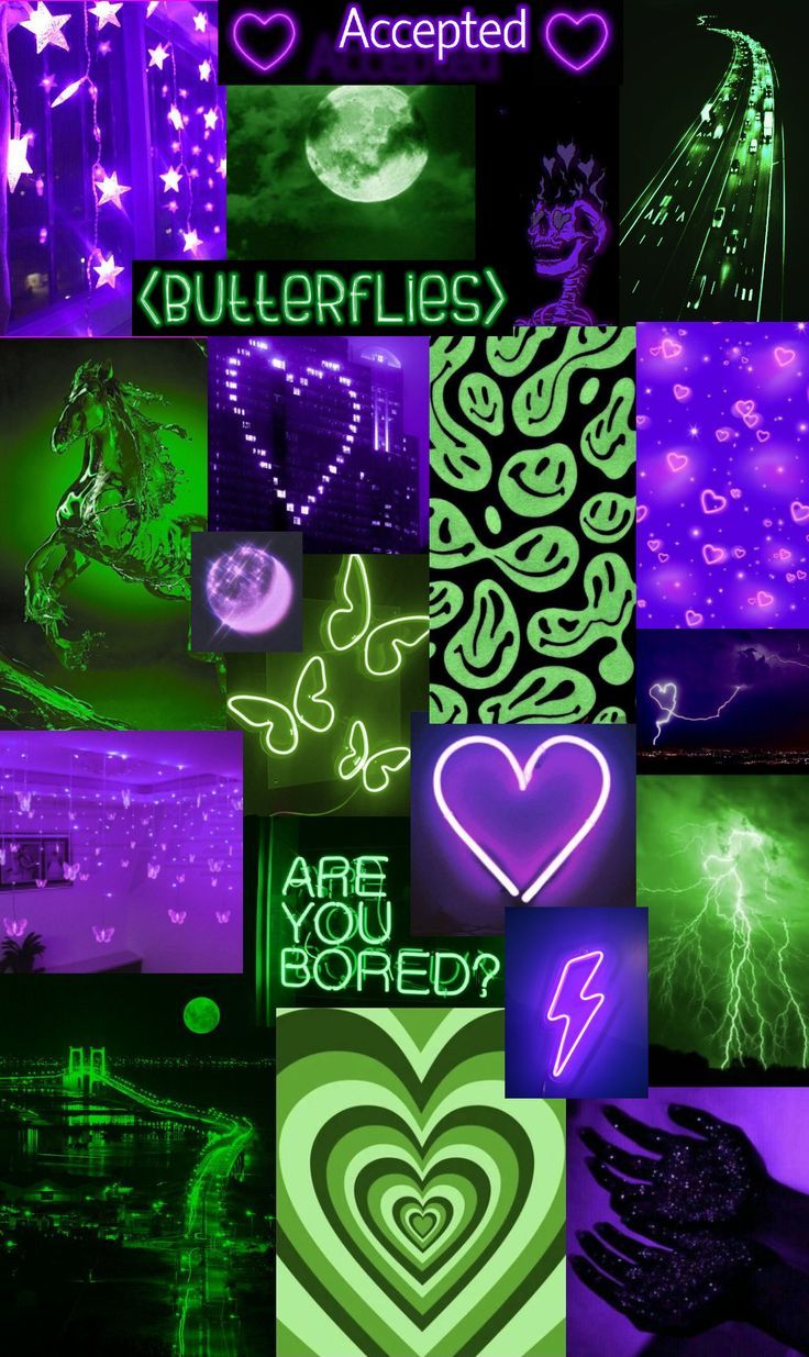 a collage of images with neon lights and hearts on them, including the words are you bored?