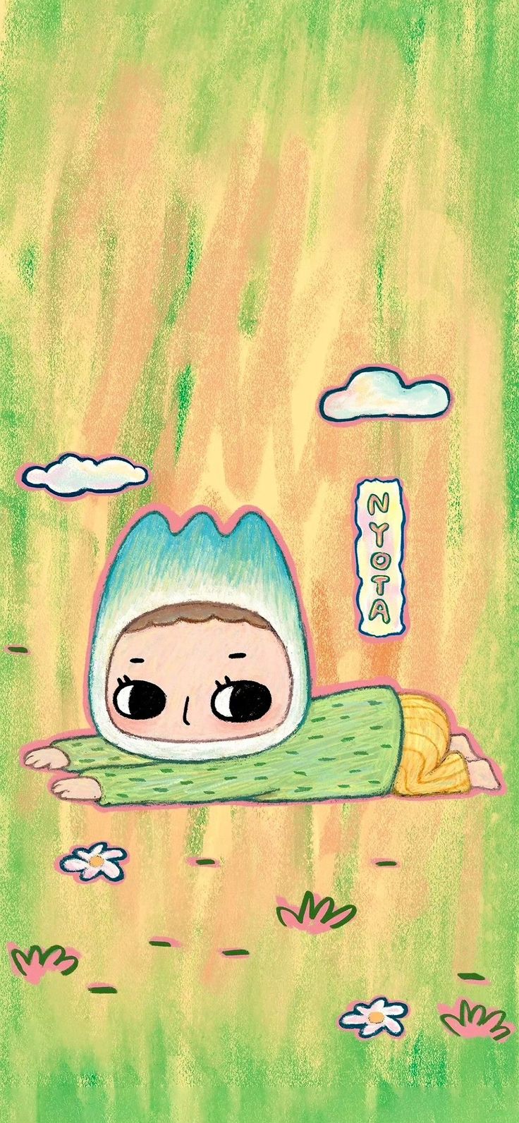 a drawing of a person laying on the ground in front of clouds and grass with flowers