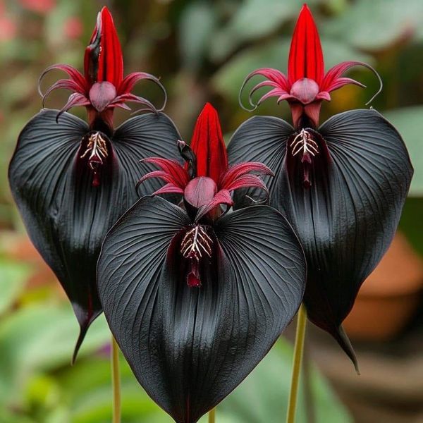 three black and red flowers with long stems