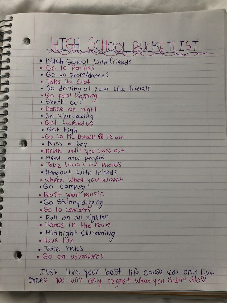 a notepad with writing on it that says high school bucket list in purple ink