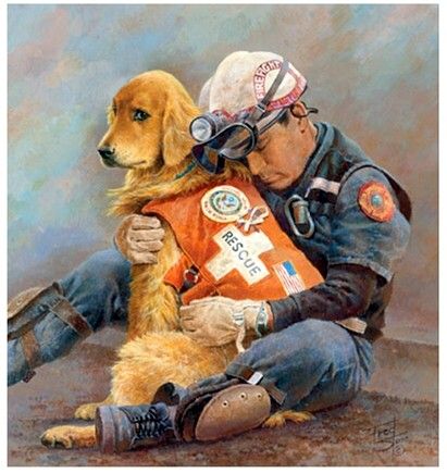 a painting of a man holding a dog with the caption, never forget it