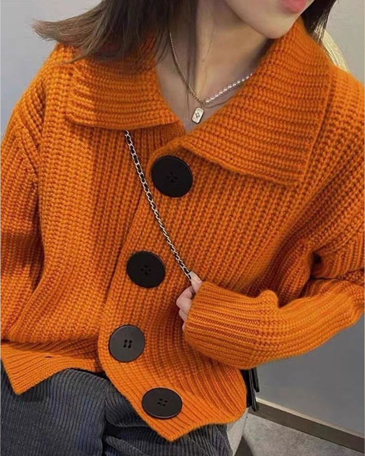 Buttoned Knit Cardigan – PrincessAce Shirt Collar Pattern, Button Cardigan, Cardigan Fashion, Women Sleeve, Cashmere Cardigan, Look Casual, Cardigan Tops, Outfit Casual, Shirt Collar