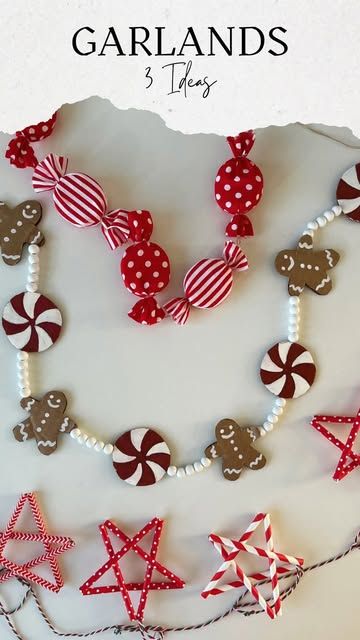 some red and white candy canes are hanging from a string on a wall with the words garlands 3 tiers