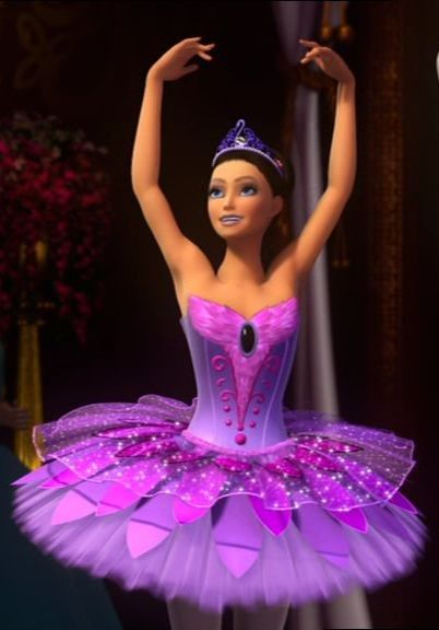 the barbie ballerina doll is wearing a purple dress