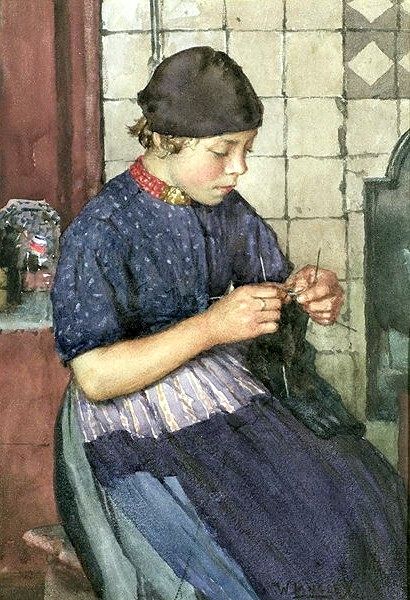 a painting of a woman knitting in a room