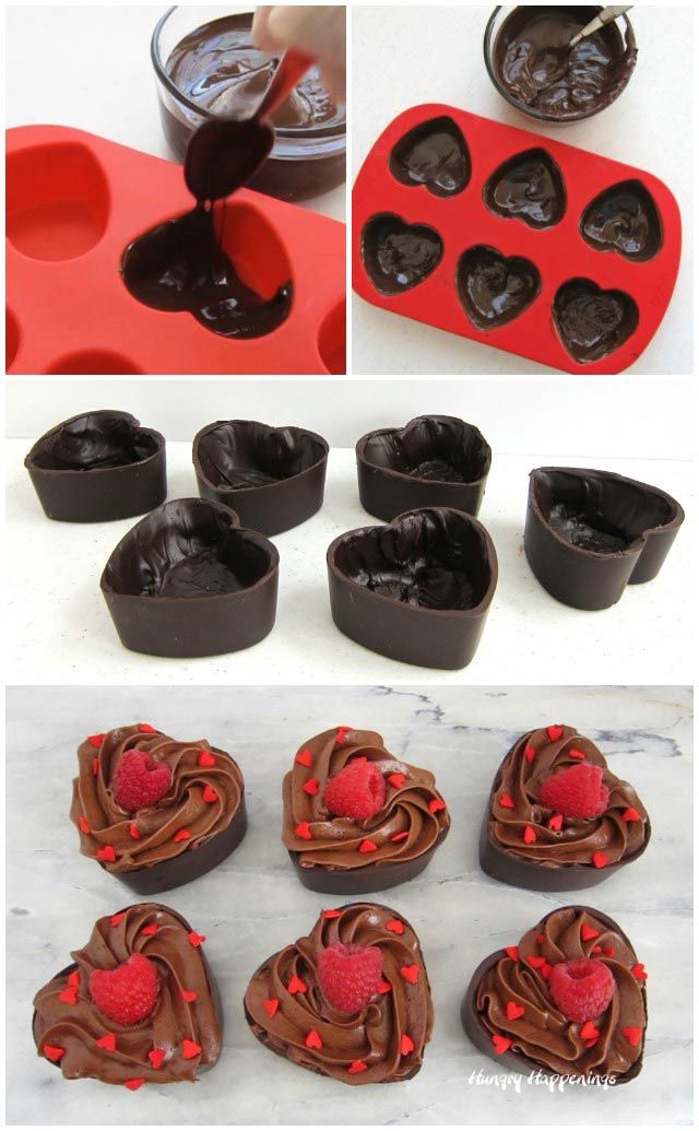 chocolates in heart shaped pans with melted chocolate and raspberries