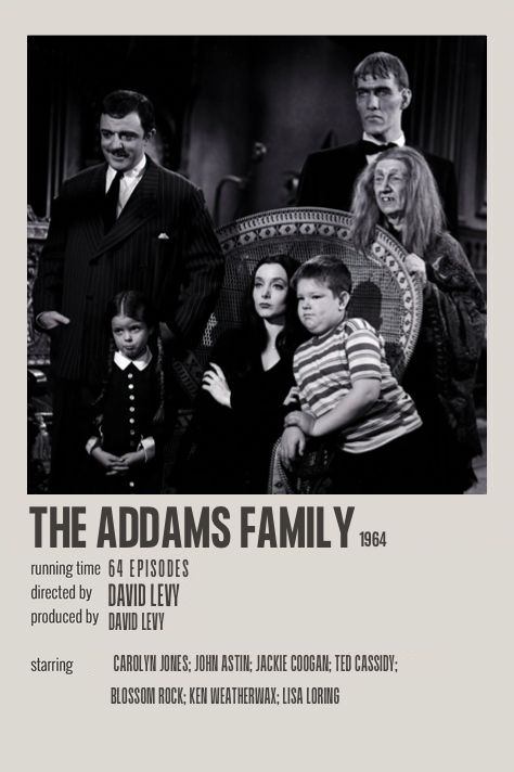 the addams family poster with an image of three adults and two children in black and white