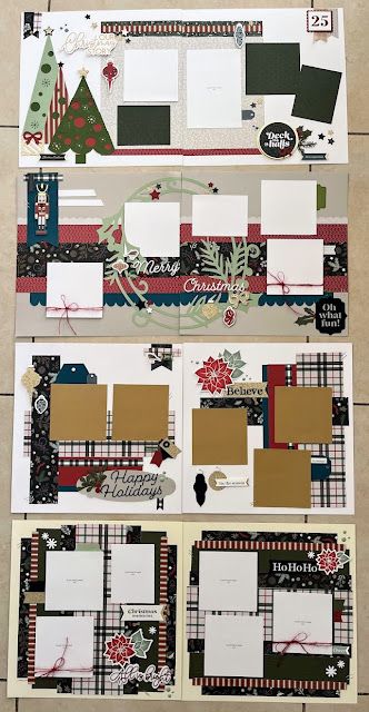 scrapbook layouts with christmas trees and plaid patterns on them, all lined up