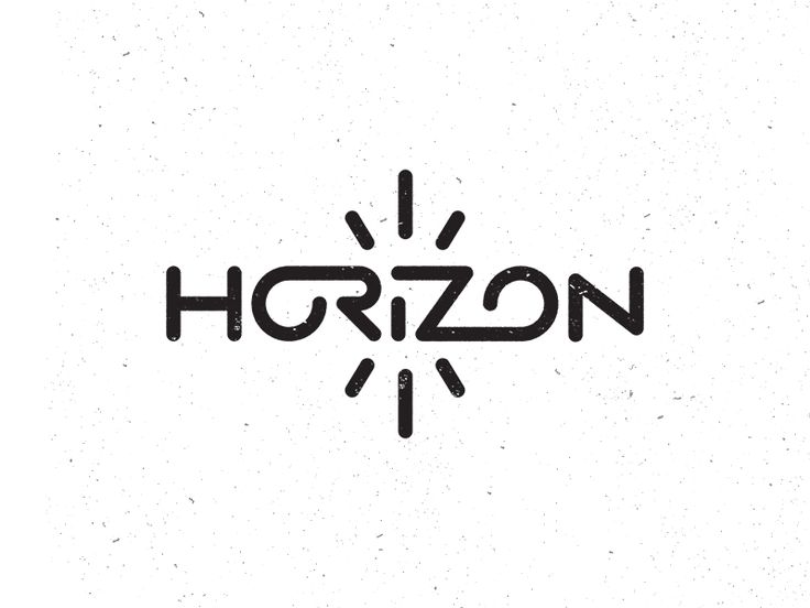 the word horizon is written in black ink on a white background with an arrow and sunburst