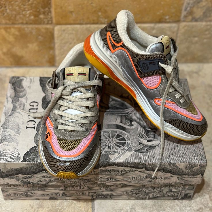 Authentic Gucci Ultrapace Distressed Sneakers With Pink & Orange Women Size 7 Brand New With Full Box And Dust Bag Gucci Perforated Sneakers For Streetwear, Gucci Sneakers With Perforations For Streetwear, Gucci Sneakers For Sports With Laces, Gucci Sneakers With Laces For Sports, Distressed Sneakers, Shoes Gucci, Brown Silver, Gucci Shoes, Pink Orange