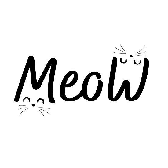 the word meow written in black ink with two cats'heads on top of it