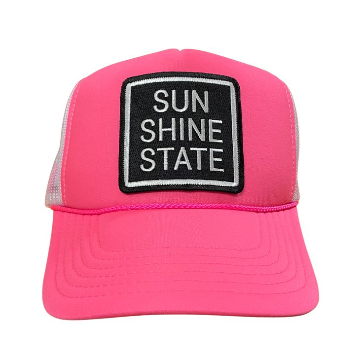 We love this Neon Pink with White Mesh Trucker! Classic Sunshine State® embroidered patch on 5 panel adjustable foam trucker hat. - Part of the proceeds from the sale of this hat go to organizations that protect Florida’s wildlife. Pink Hat With Embroidered Logo For Streetwear, Pink Streetwear Hats With Embroidered Logo, Pink Embroidered Logo Hat For Streetwear, Sporty Summer Trucker Hat With Embroidered Logo, Sporty Trucker Hat With Embroidered Logo For Summer, Summer Sports Trucker Hat With Embroidered Logo, Casual Pink Hats With Logo Patch, Sporty Pink Trucker Hat, Pink Trucker Baseball Cap