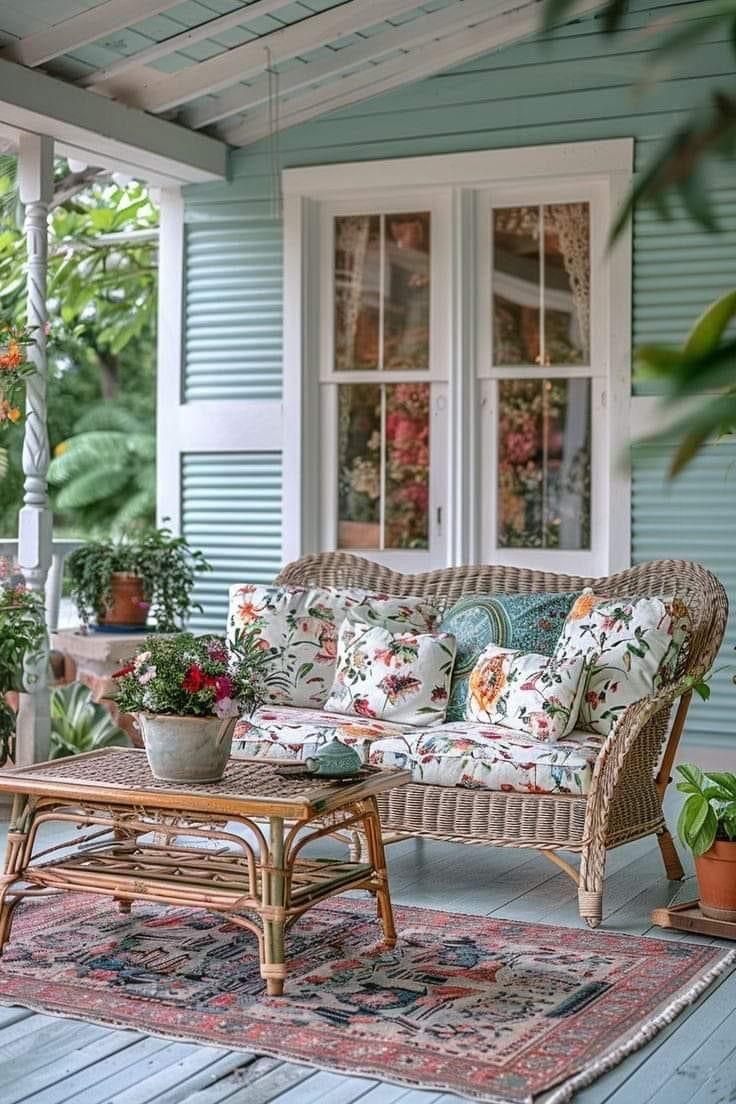 a couch sitting on top of a wooden porch