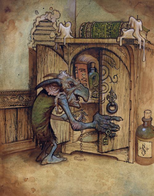 an illustration of a man trying to open a door with a dragon on his head