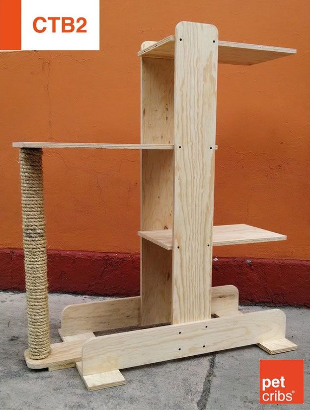 a wooden stand with a cat scratching post