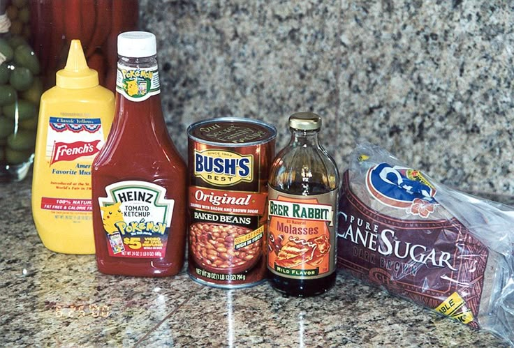 the ingredients for this dish are displayed on the counter, along with other condiments