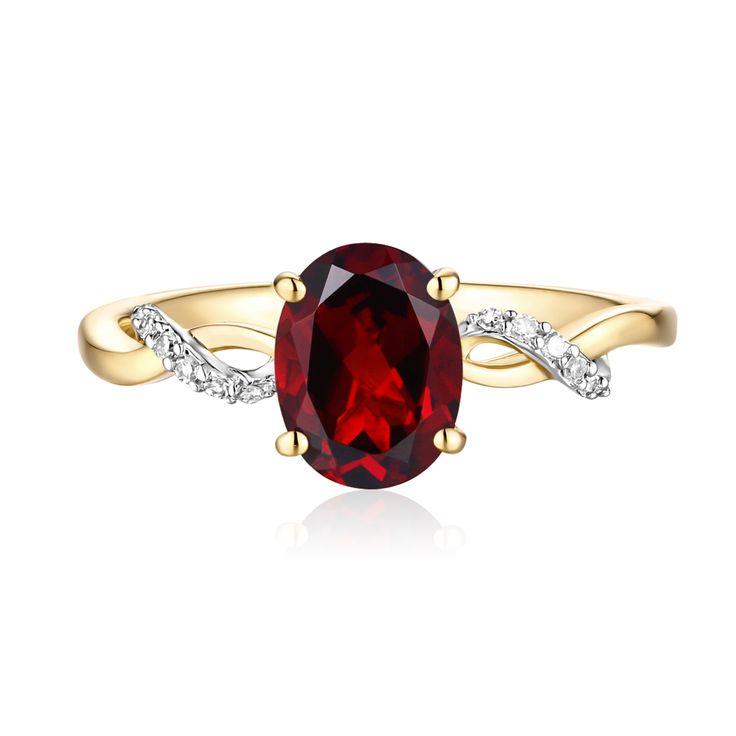 This exquisite ring features a stunning 8x6 millimeter oval garnet, cradled in 10K yellow gold. It is beautifully accented with 12 round single cut diamonds, adding a touch of sparkle and elegance. | Garnet and Diamond Ring | 10K Yellow Gold | Size 6 | Helzberg Diamonds Ruby Season, Garnet And Diamond Ring, Measure Ring Size, Country Rings, Helzberg Diamonds, Garnet Rings, Ring Size Guide, Womens Engagement Rings, 10k Gold