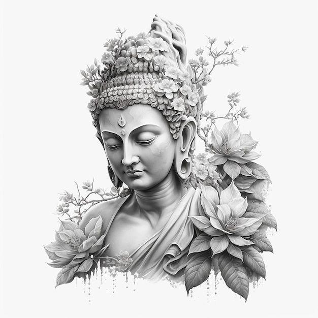 a black and white drawing of a buddha statue with flowers around it's head