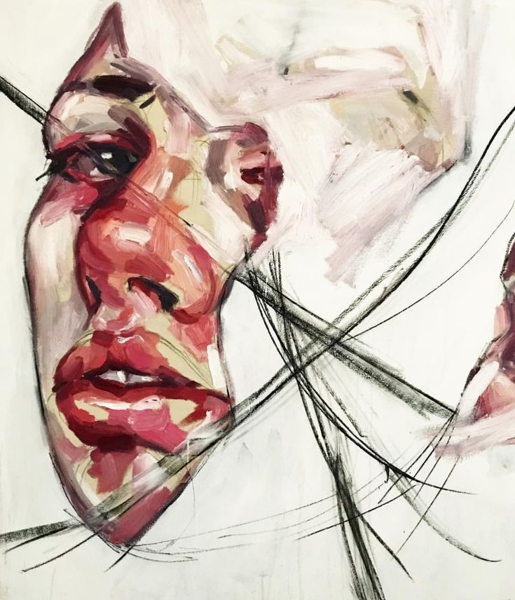 an abstract painting of a woman's face with lines coming out of her mouth