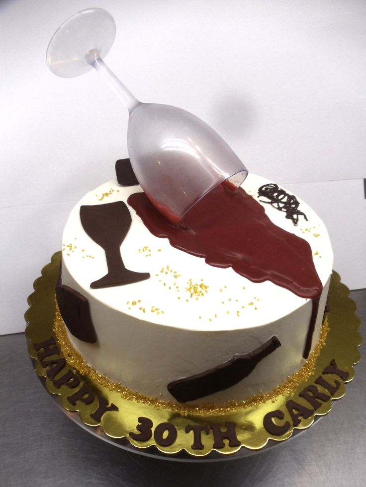 a birthday cake decorated with an image of a wine glass and the words happy 30th century on it